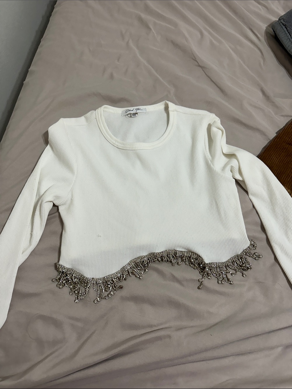 White Long-Sleeve Ribbed Crop Top with Beaded Fringe